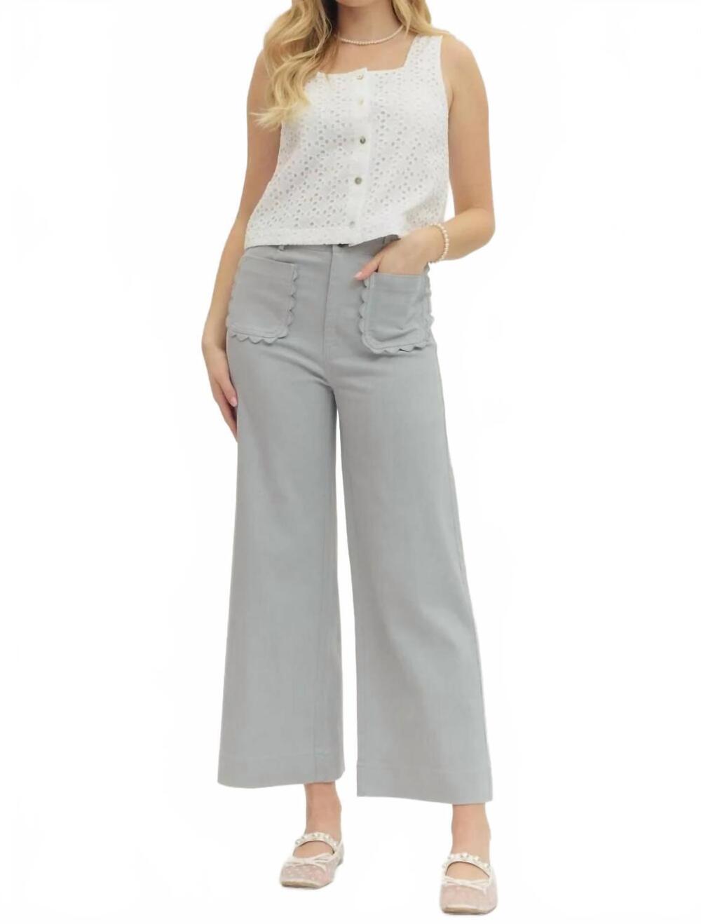 NEW ENTRO solid wide leg scallop pocket pants in dusty